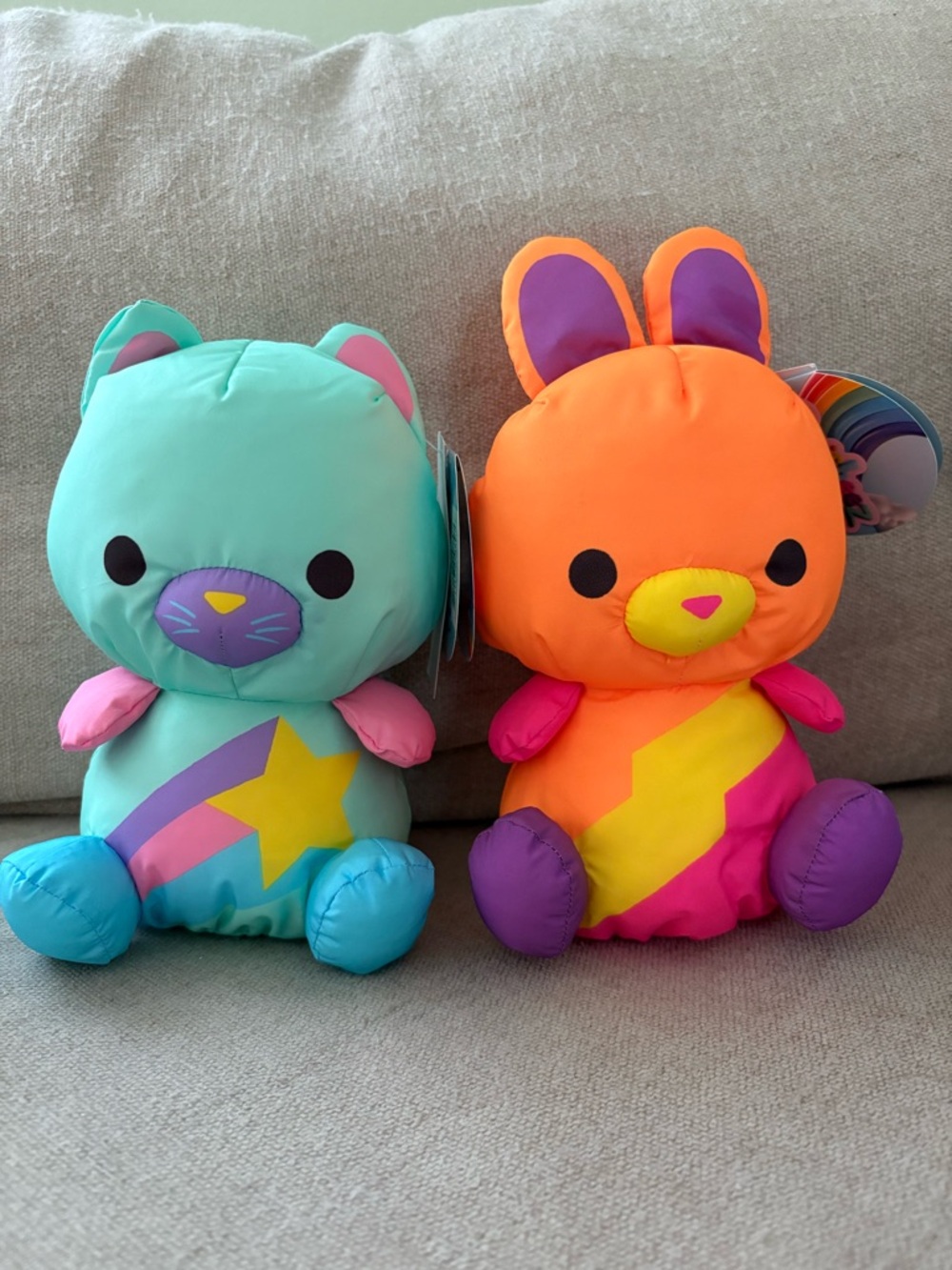 Bright Orange Bunny & Turquoise cat Plush Duo - Colorful Pattern